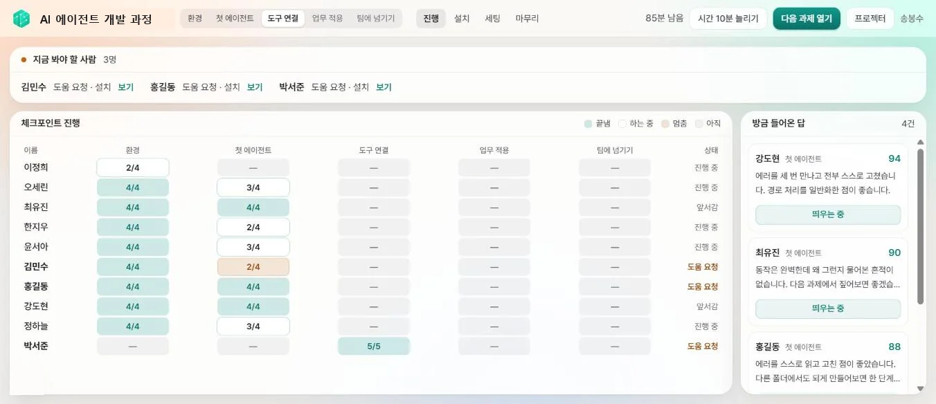 강사 화면 — 수강생 전원의 진행과 도움 요청